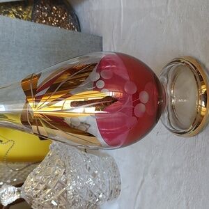 Elegant Bohemian Vintage Cherry Etched Gold And Cranberry Red Decanter